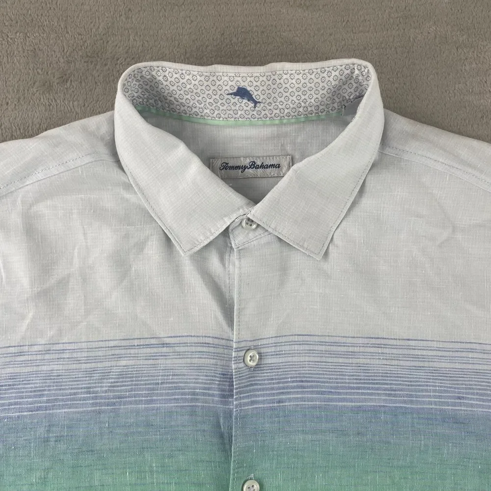 Tommy Bahama Shirt Men Large Blue Striped‎ Linen Blend Long Sleeve Beach NWOT
